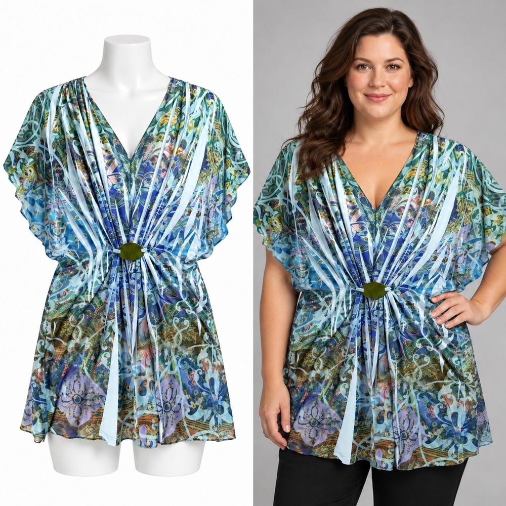 One World Top Women XL Blue Paisley Butterfly Crochet Back Ruched Stone Artwear